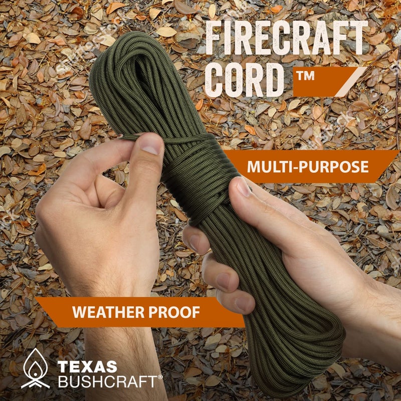 Texas Bushcraft Firecraft Cord - Utility Paracord Survival Rope, Parachute Cord for Survival Gear â€“ 3 Extra Strands for Emergency Preparedness Fishing, Sewing and Tinder (Army Green, 100 ft) - Image 3